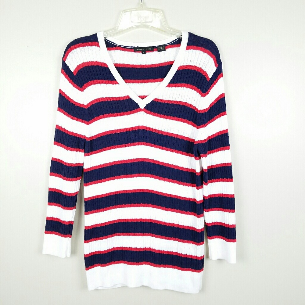 V-neck stripe red blue white sweater 100% cotton